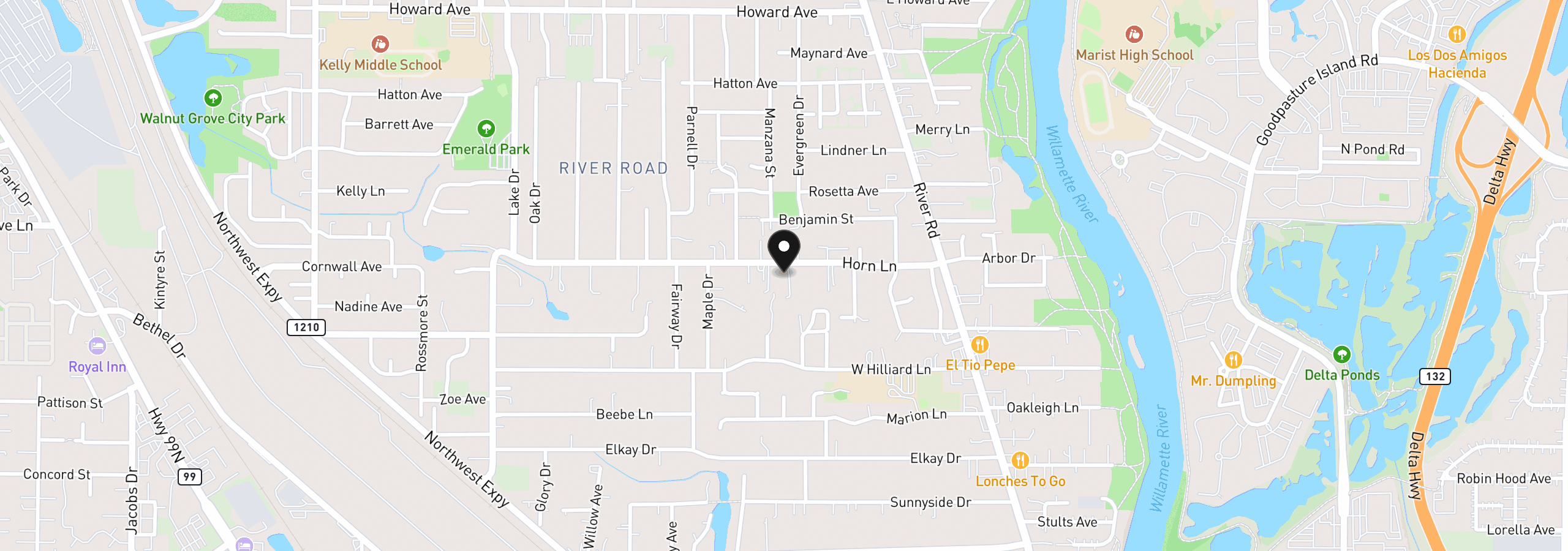 Map showing the location of 580 Horn Ln, Eugene, OR 97404
