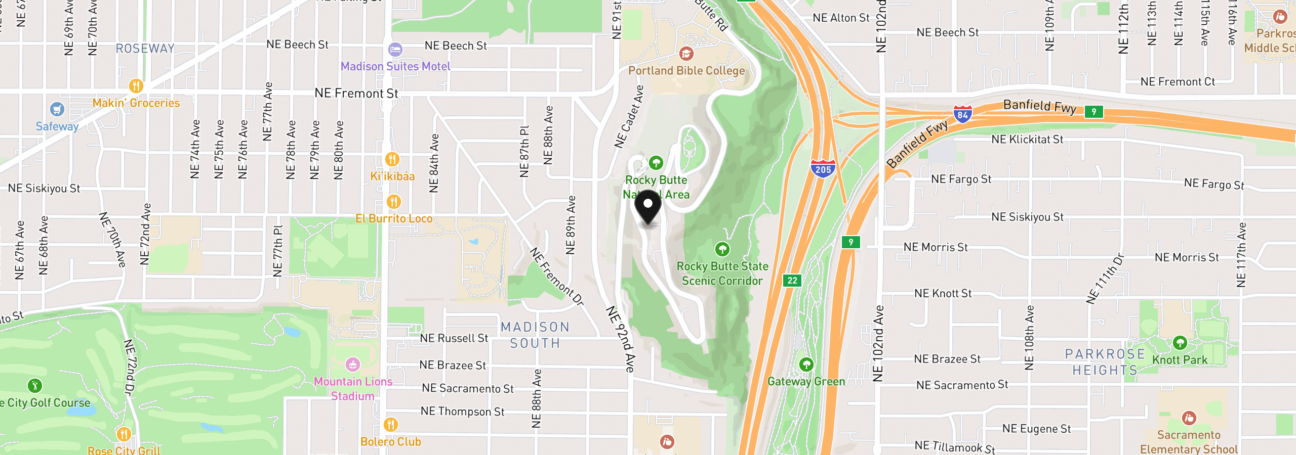 Map showing the location of 2827 NE Rocky Butte Rd, Portland, OR 97220