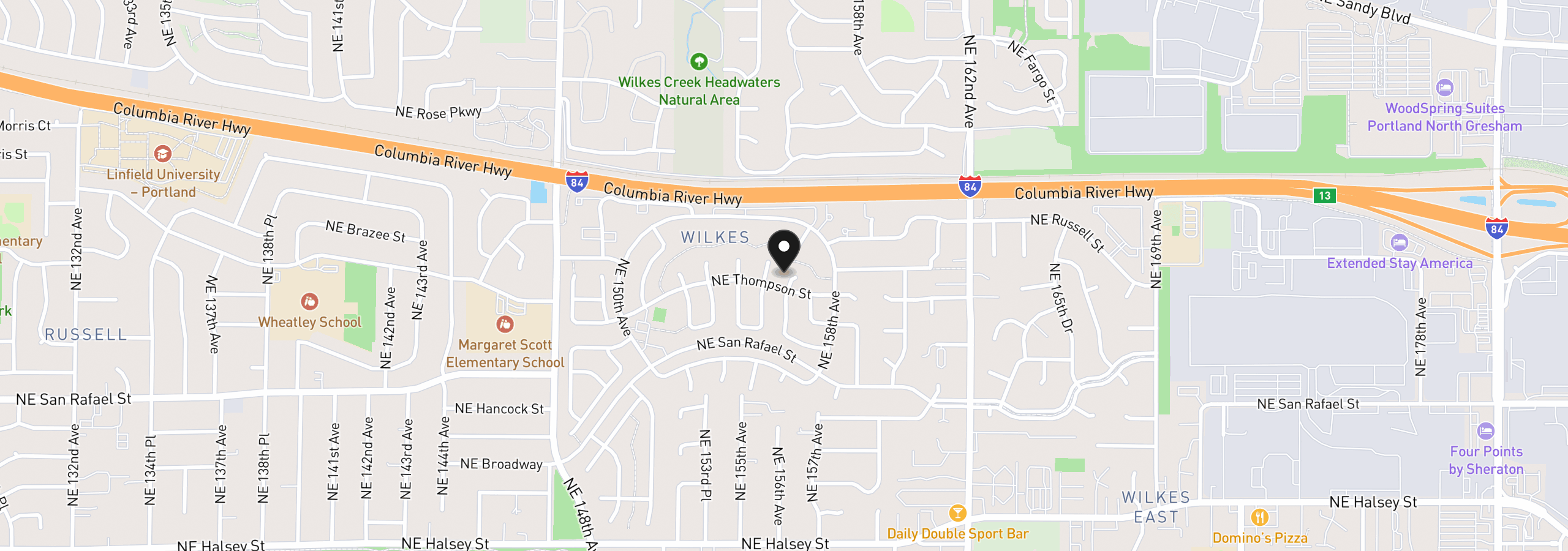 Map showing the location of 2315 NE 156th Pl, Portland, OR 97230