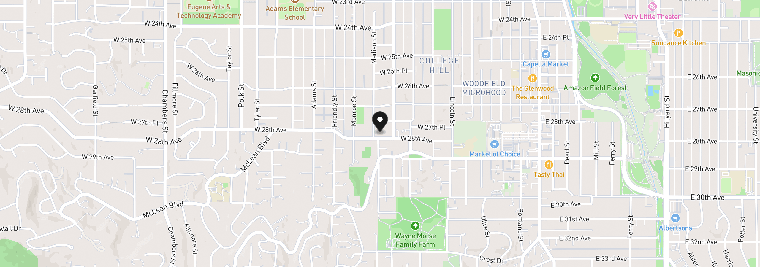 Map showing the location of 681 W 28th Ave, Eugene, OR 97405