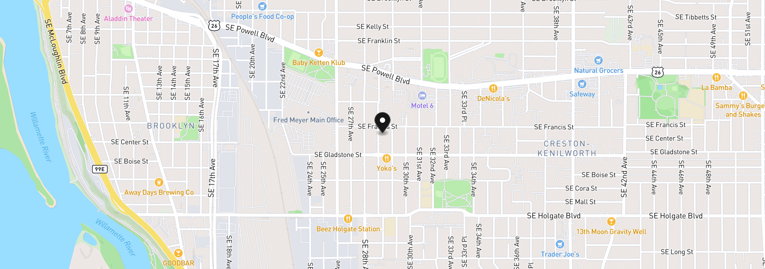 Map showing the location of 3922 SE 28th Pl, Portland, OR 97202