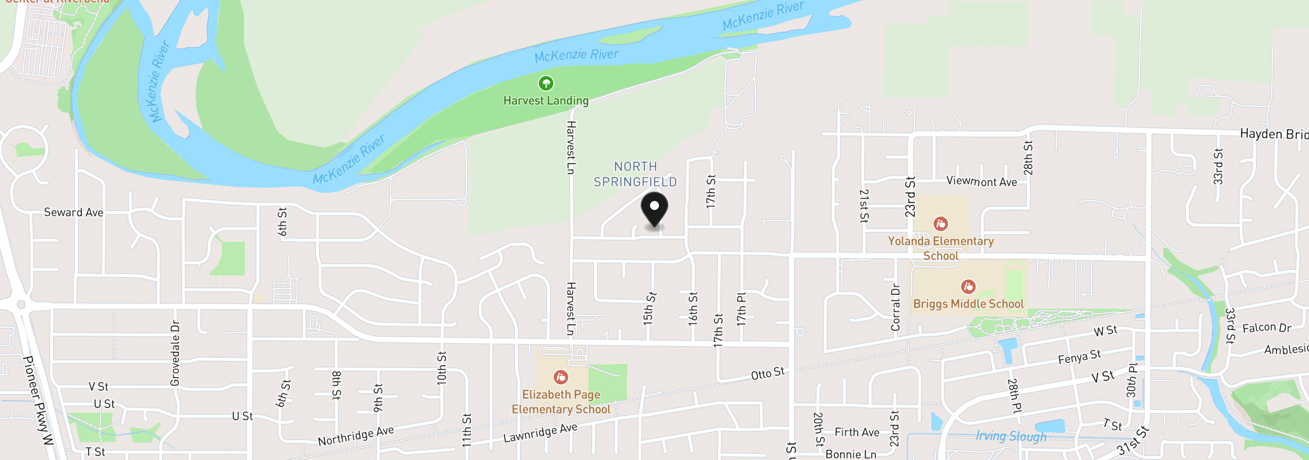 Map showing the location of 2536 15th St, Springfield, OR 97477