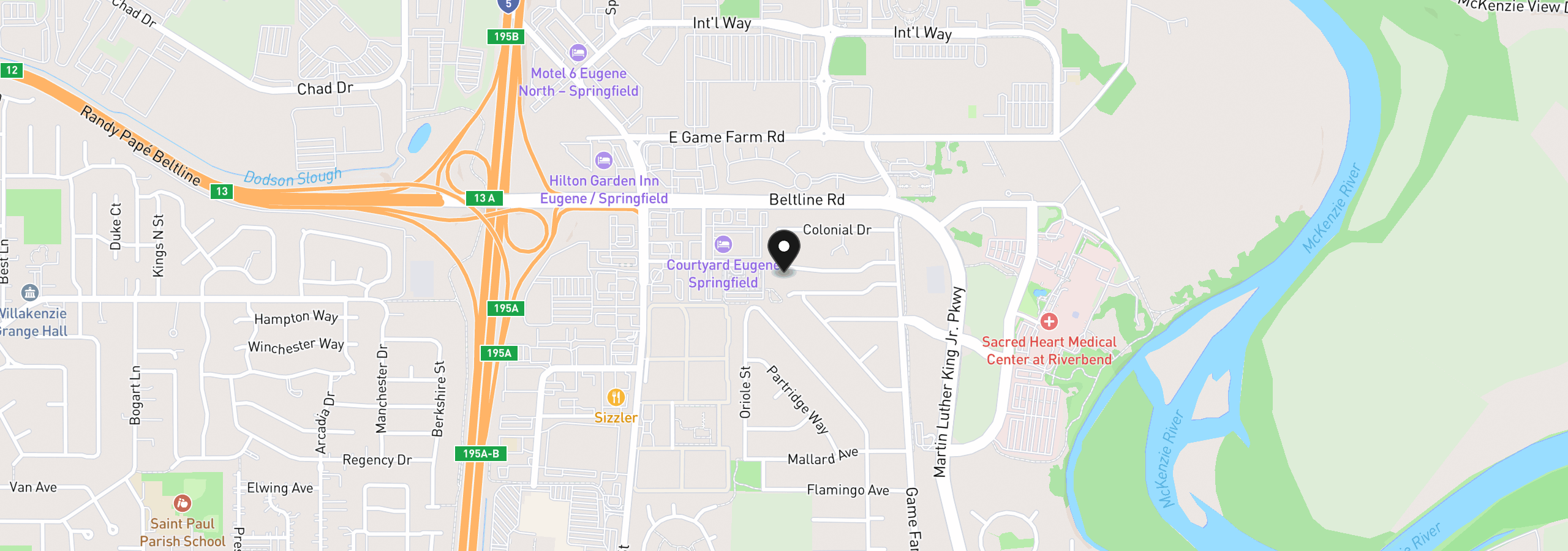 Map showing the location of 631 Nicholas Dr, Springfield, OR 97477