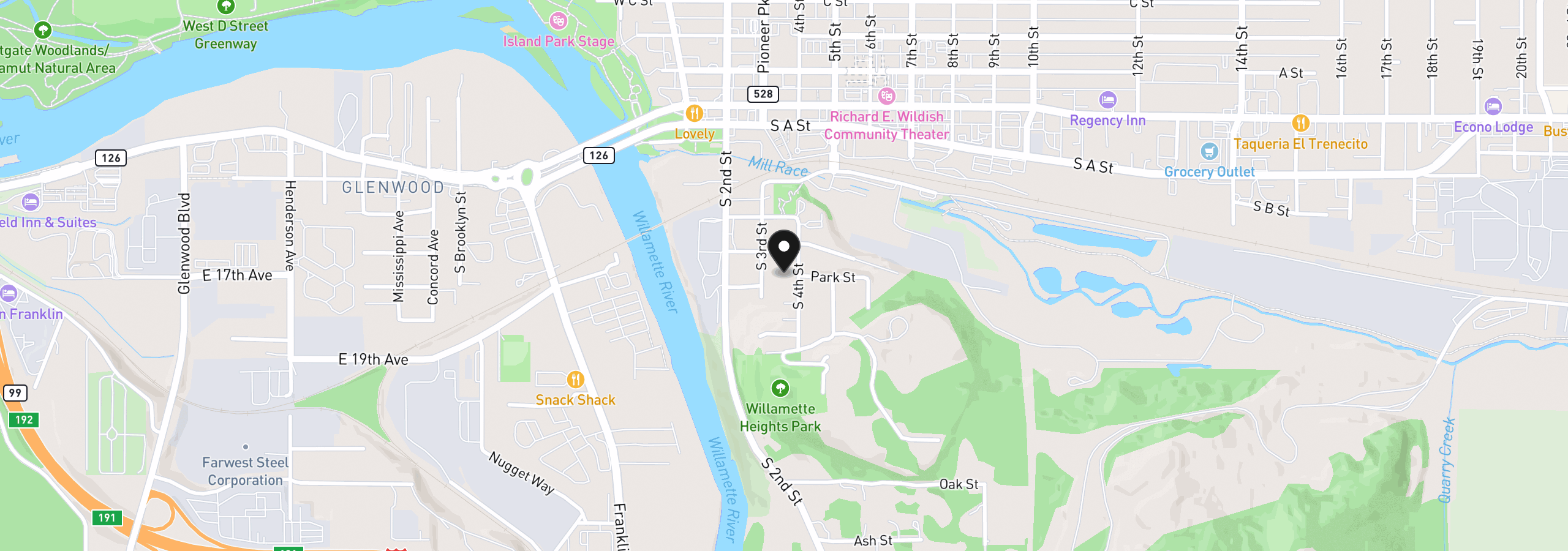 Map showing the location of 452 S 4th St, Springfield, OR 97477
