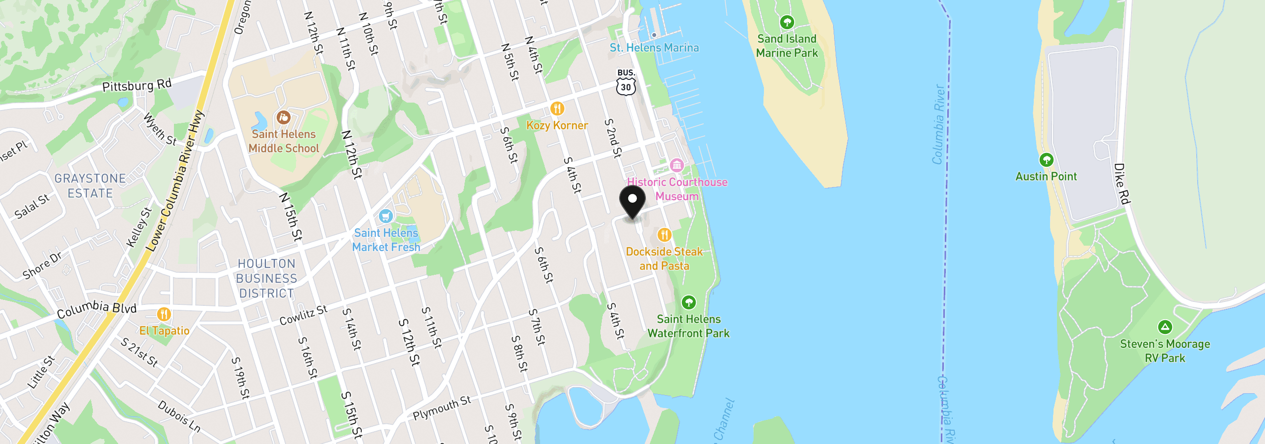 Map showing the location of 301 S 2nd St, St. Helens, OR 97051