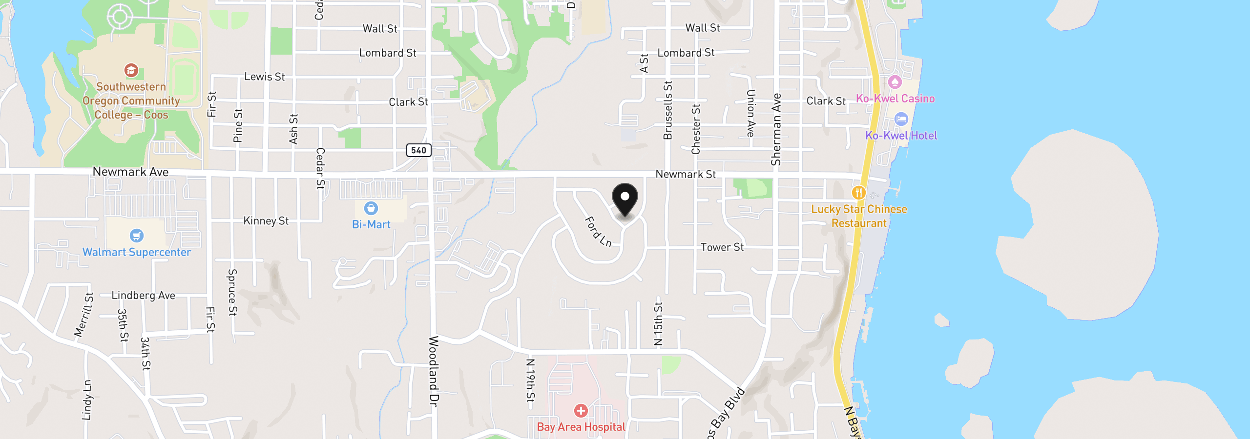 Map showing the location of 3650 Edgewood Dr, North Bend, OR 97459
