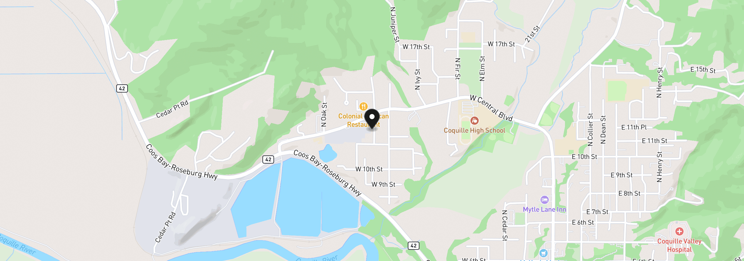Map showing the location of 1225 N Laurel St, Coquille, OR 97423