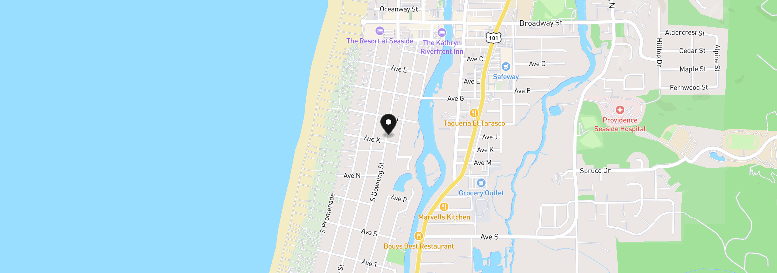Map showing the location of 1061 S Downing St, Seaside, OR 97138