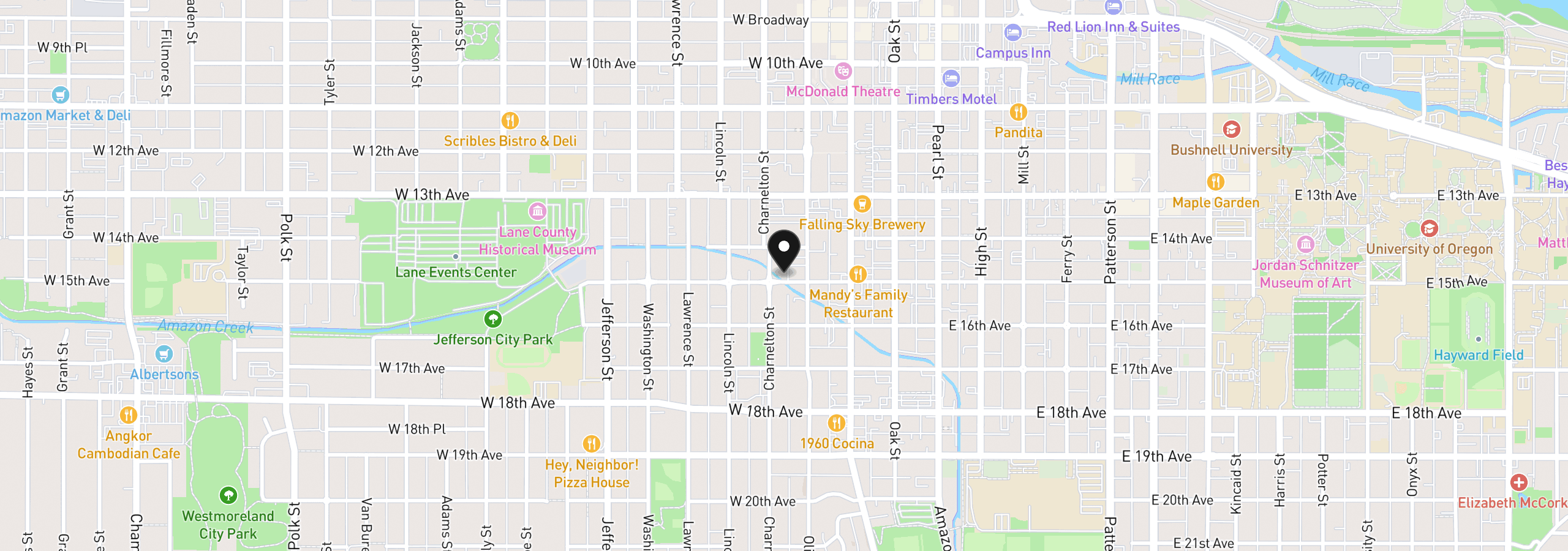 Map showing the location of W 15th Olive Alley, Eugene, OR 97401