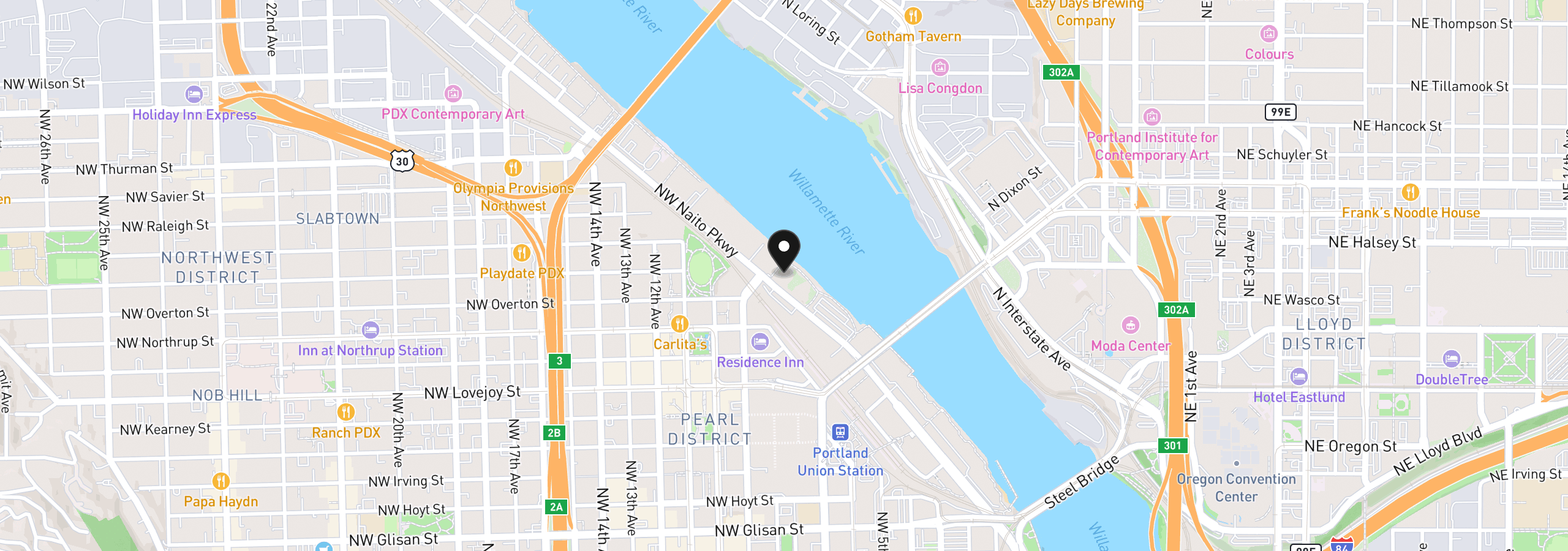 Map showing the location of 1310 NW Naito Pkwy 200, Portland, OR 97209