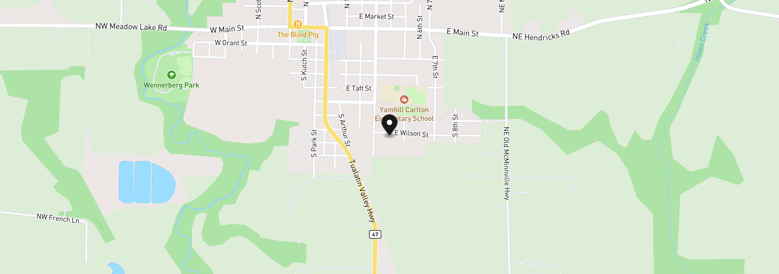 Map showing the location of 350 E Wilson St, Carlton, OR 97111