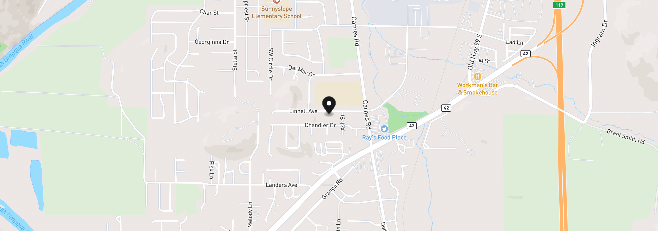 Map showing the location of 1993 Linnell Ave, Roseburg, OR 97471