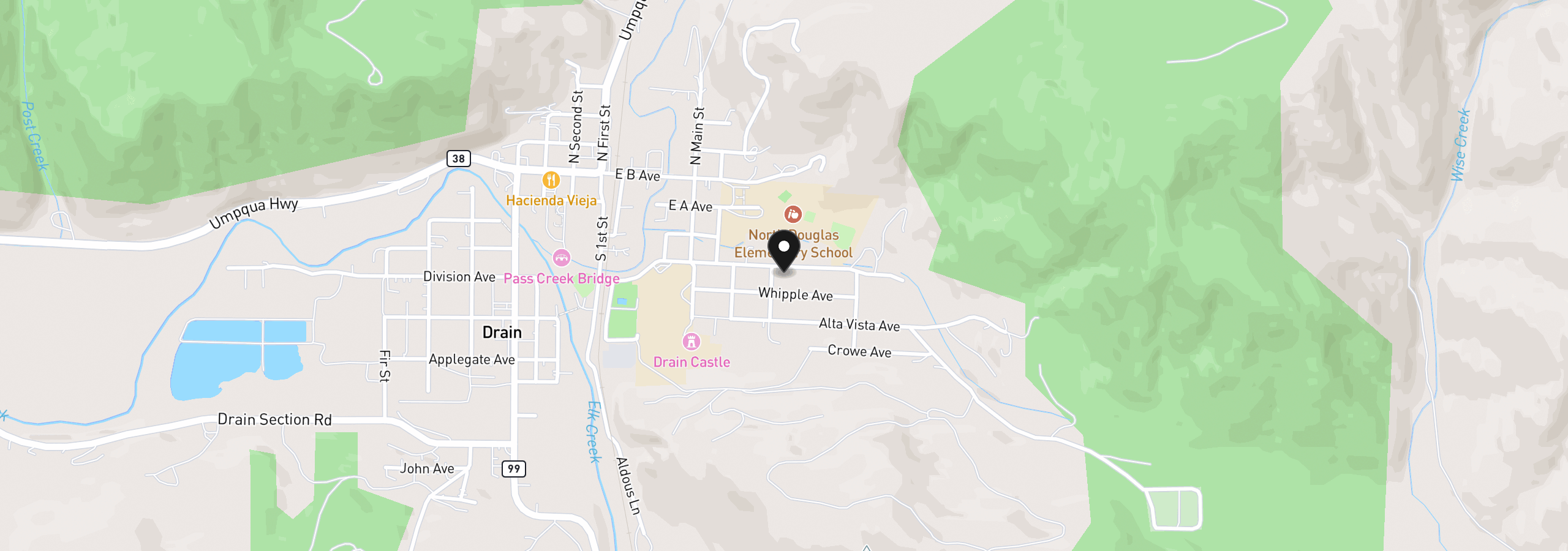 Map showing the location of 415 Moreland Ave, Drain, OR 97435