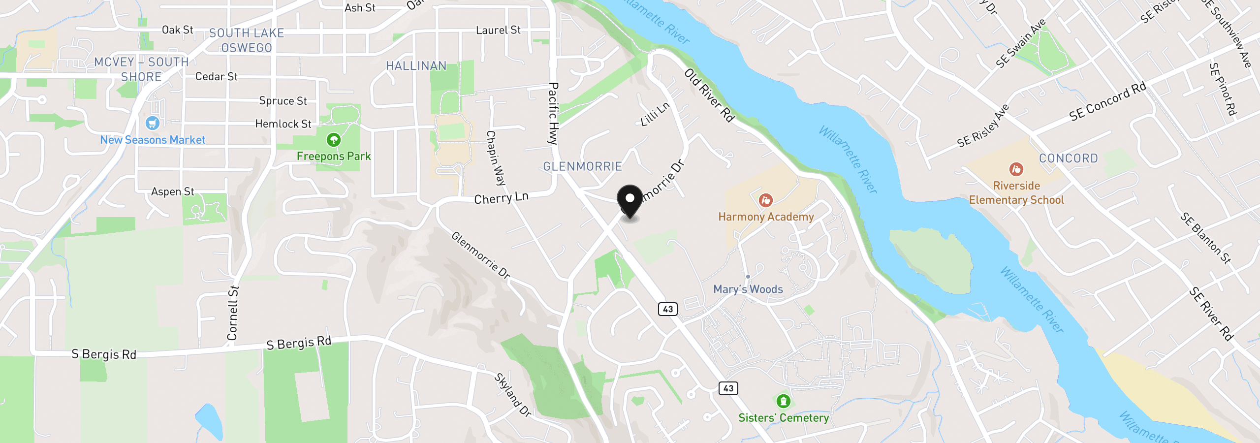 Map showing the location of 2424 Glenmorrie Dr, Lake Oswego, OR 97034