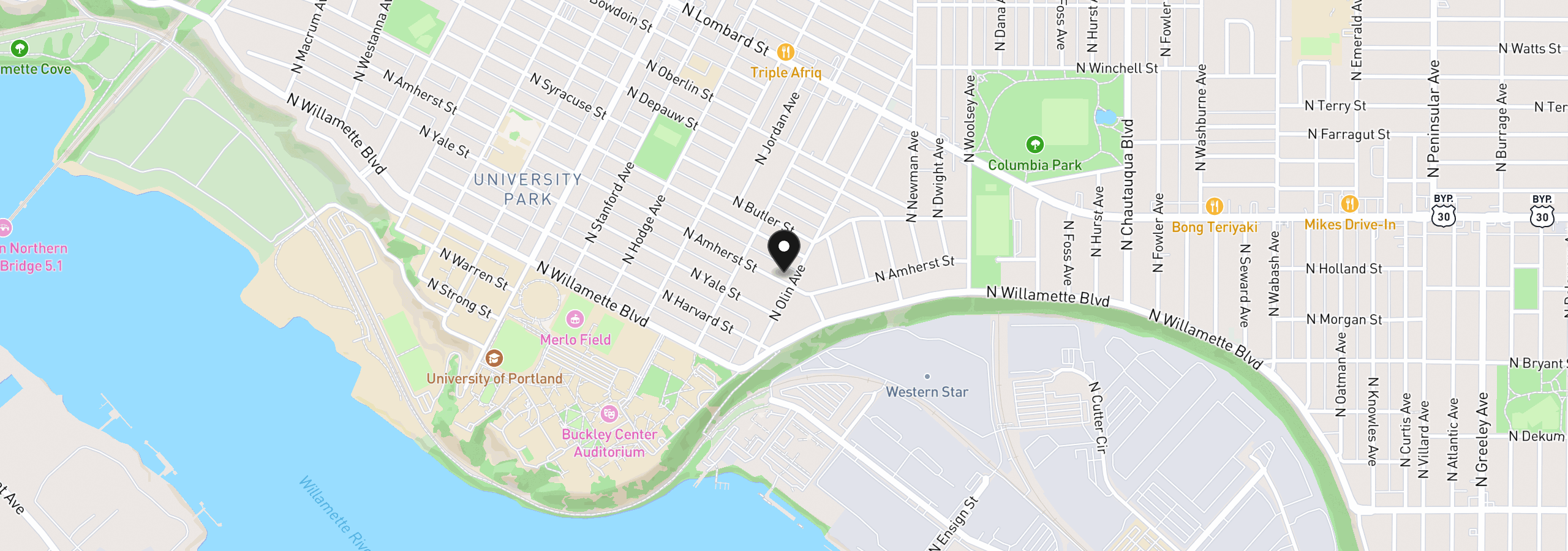 Map showing the location of 4745 N Amherst St, Portland, OR 97203