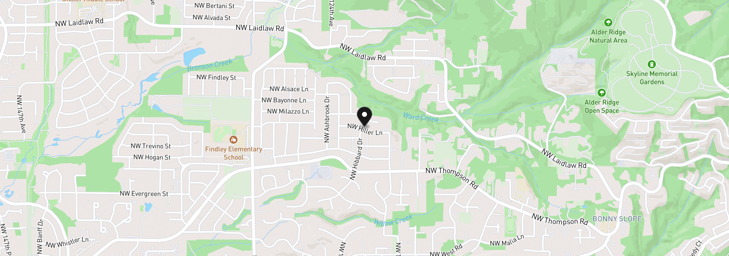 Map showing the location of 12165 NW Hiller Ln, Portland, OR 97229