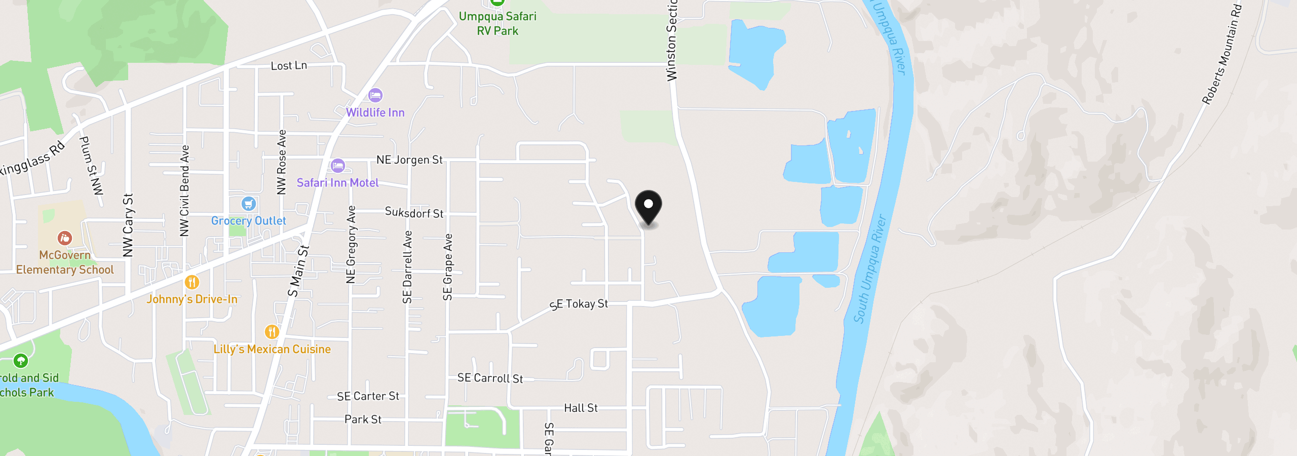 Map showing the location of 111 SE Lebleu Ln, Winston, OR 97496
