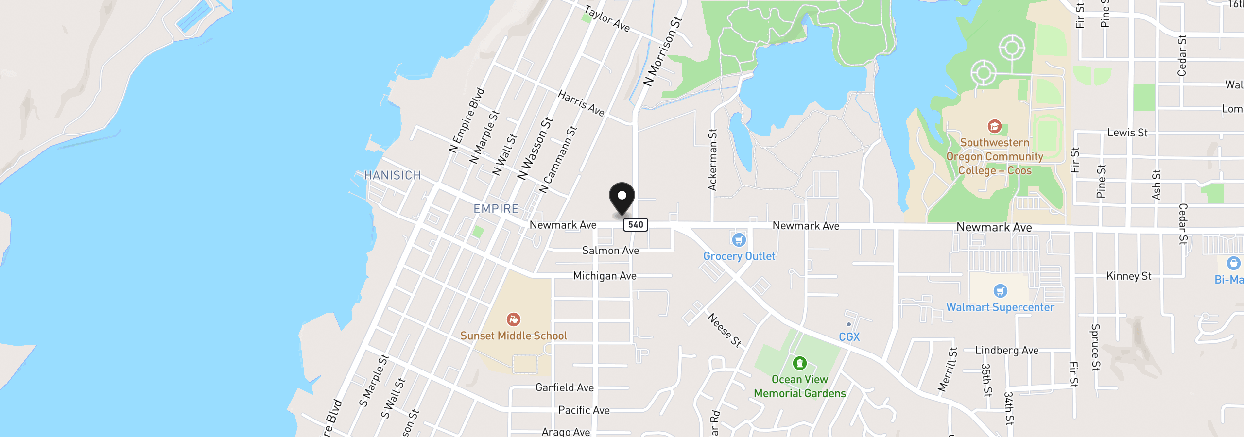 Map showing the location of 1088 Newmark Ave, Coos Bay, OR 97420