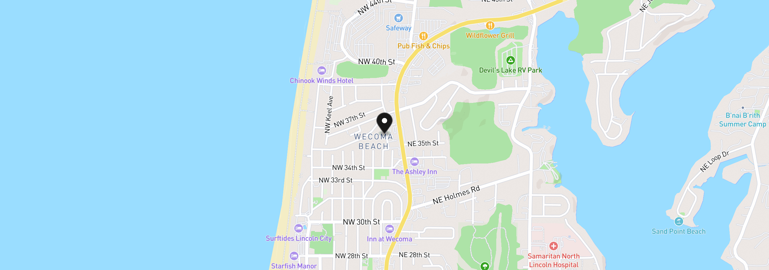 Map showing the location of 3607 NW Port Ave, Lincoln City, OR 97367