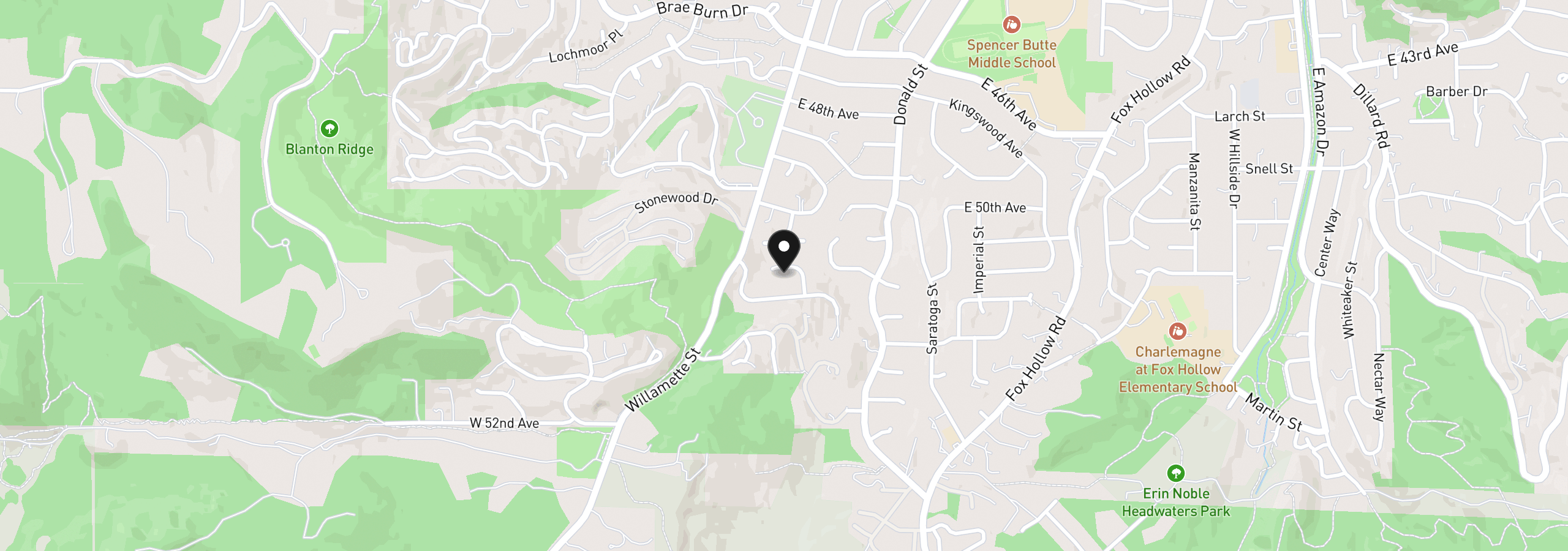Map showing the location of 75 Marlboro Ln, Eugene, OR 97405