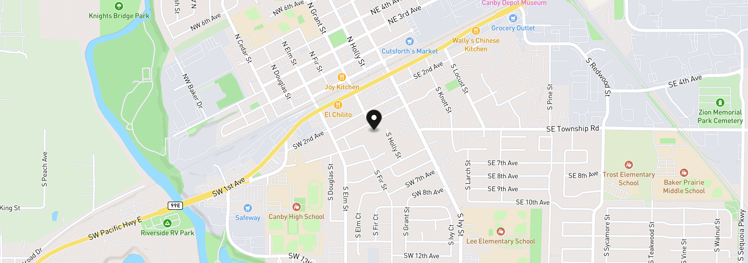Map showing the location of 299 SW 3rd Ave, Canby, OR 97013