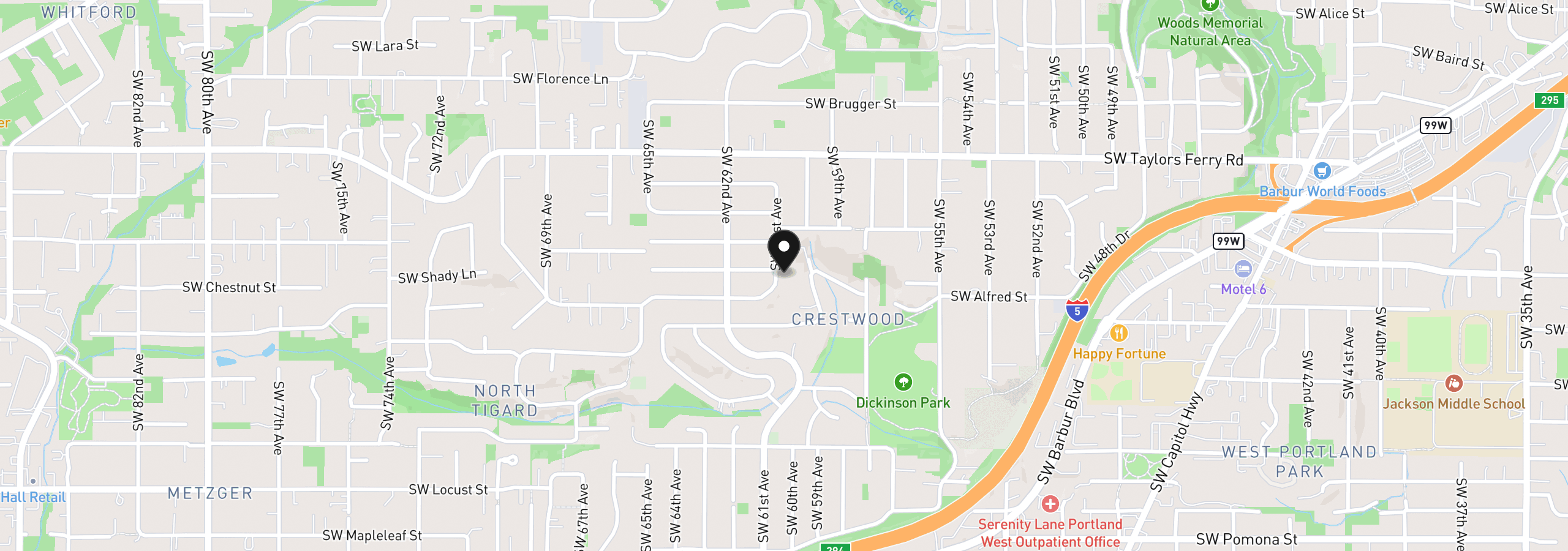 Map showing the location of 10214 SW 61st Ave, Portland, OR 97219