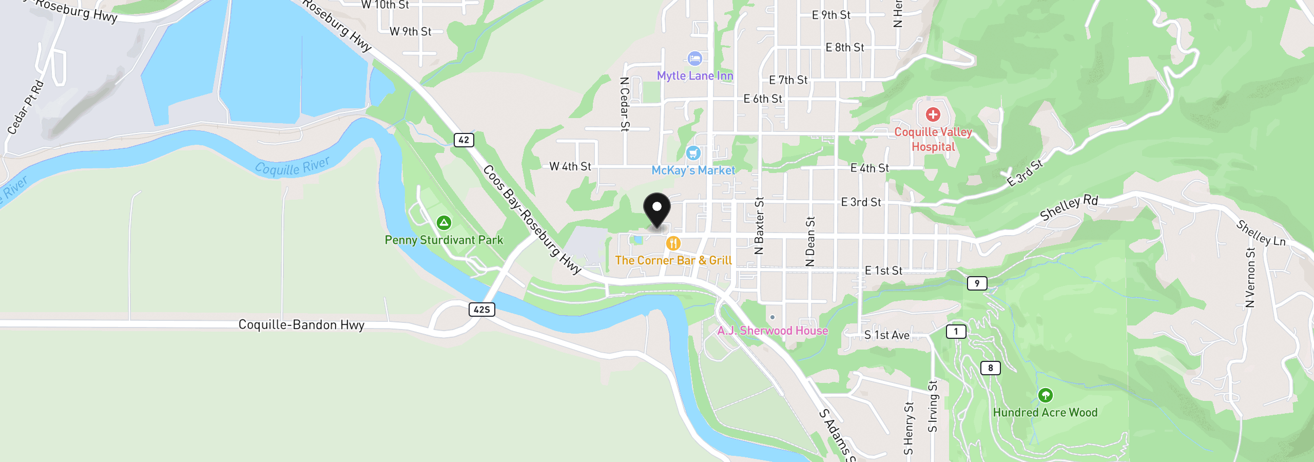 Map showing the location of 201 N Birch St, Coquille, OR 97423