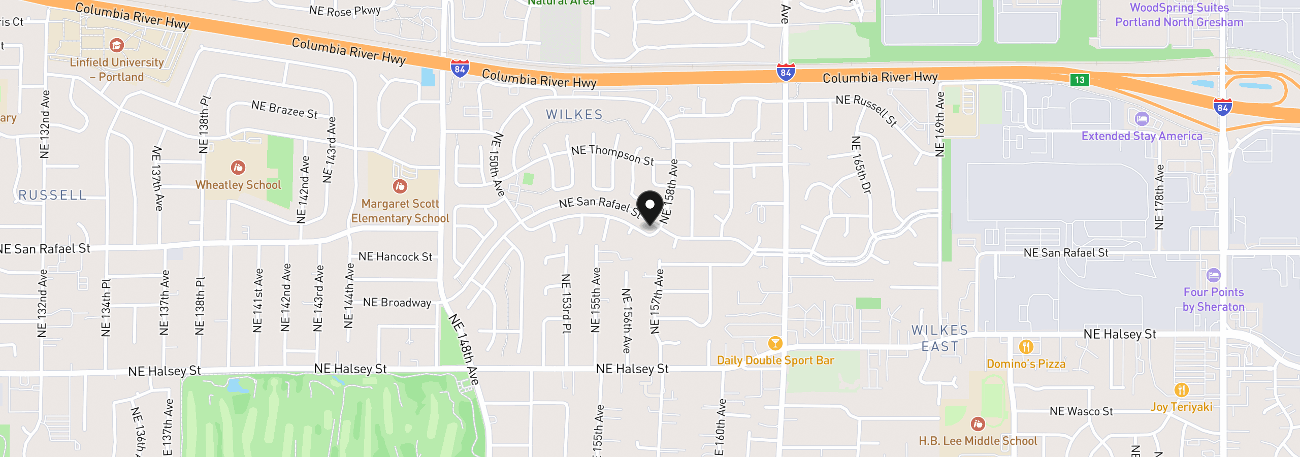 Map showing the location of 15633 NE Summerplace Dr, Portland, OR 97230
