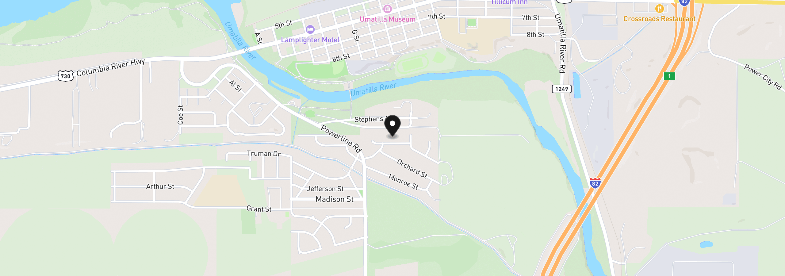 Map showing the location of 351 Lincoln Ave, Umatilla, OR 97882