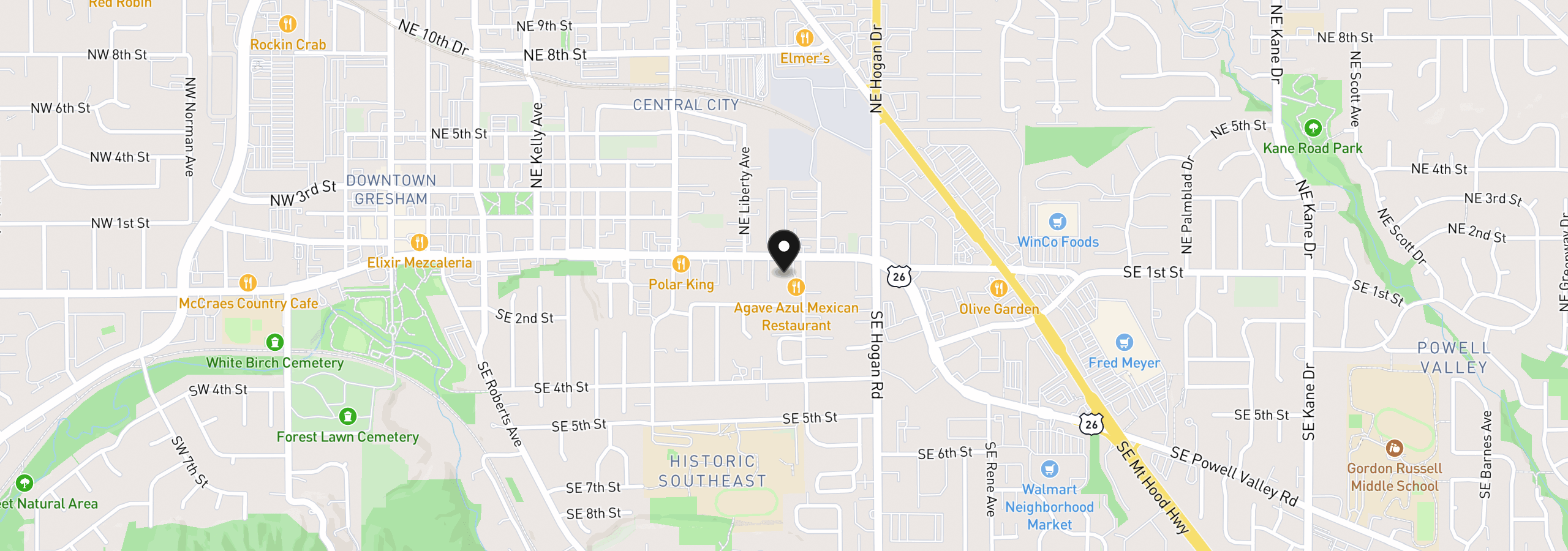 Map showing the location of 1410 E Powell Blvd, Gresham, OR 97030