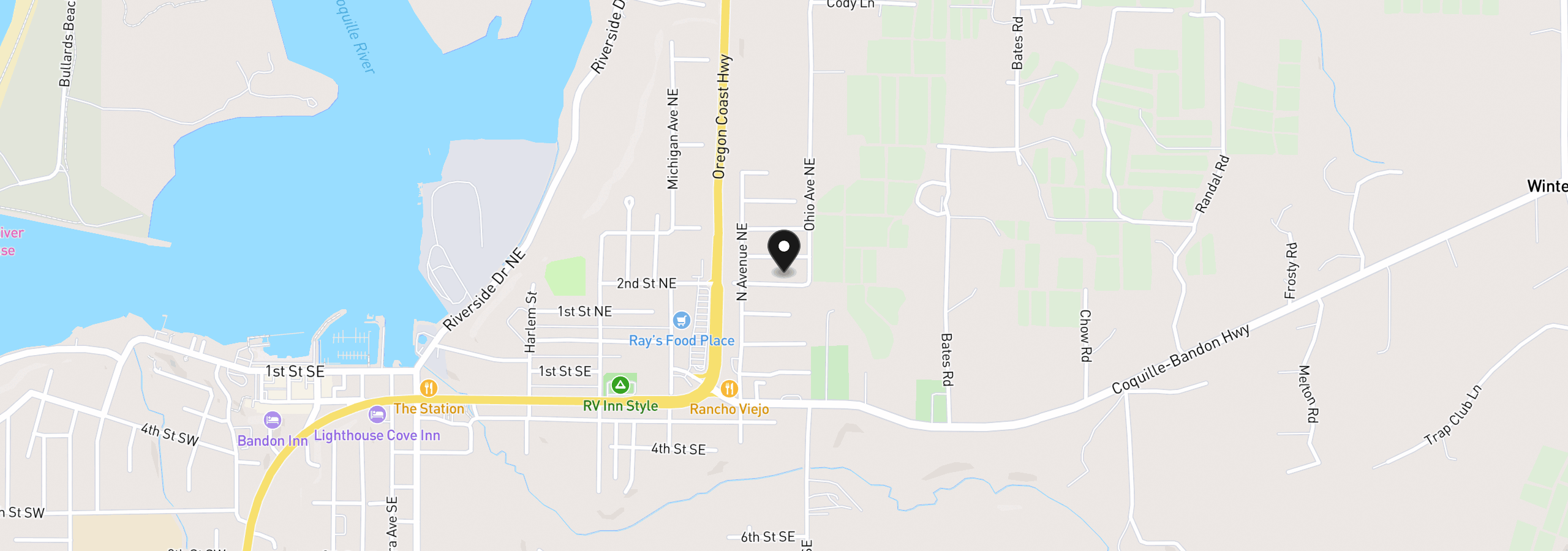Map showing the location of 1155 2nd St NE, Bandon, OR 97411
