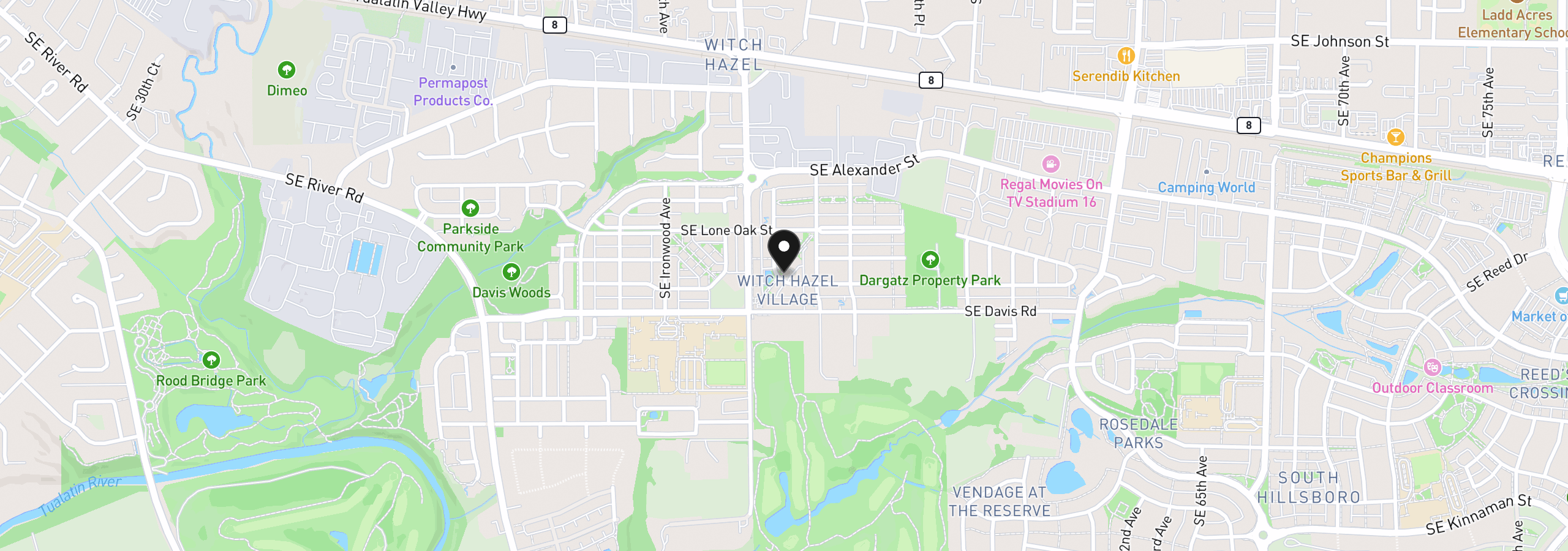 Map showing the location of 3445 SE Everwood Ln, Hillsboro, OR 97123