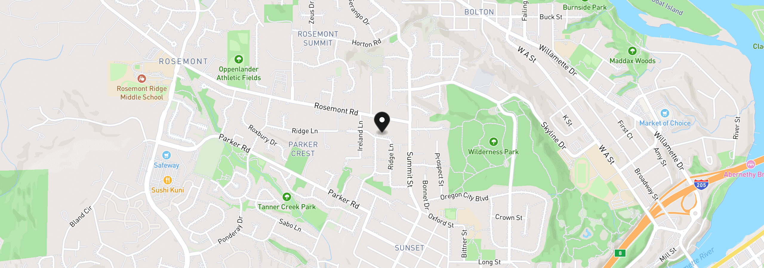 Map showing the location of 2787 Ridge Ln, West Linn, OR 97068