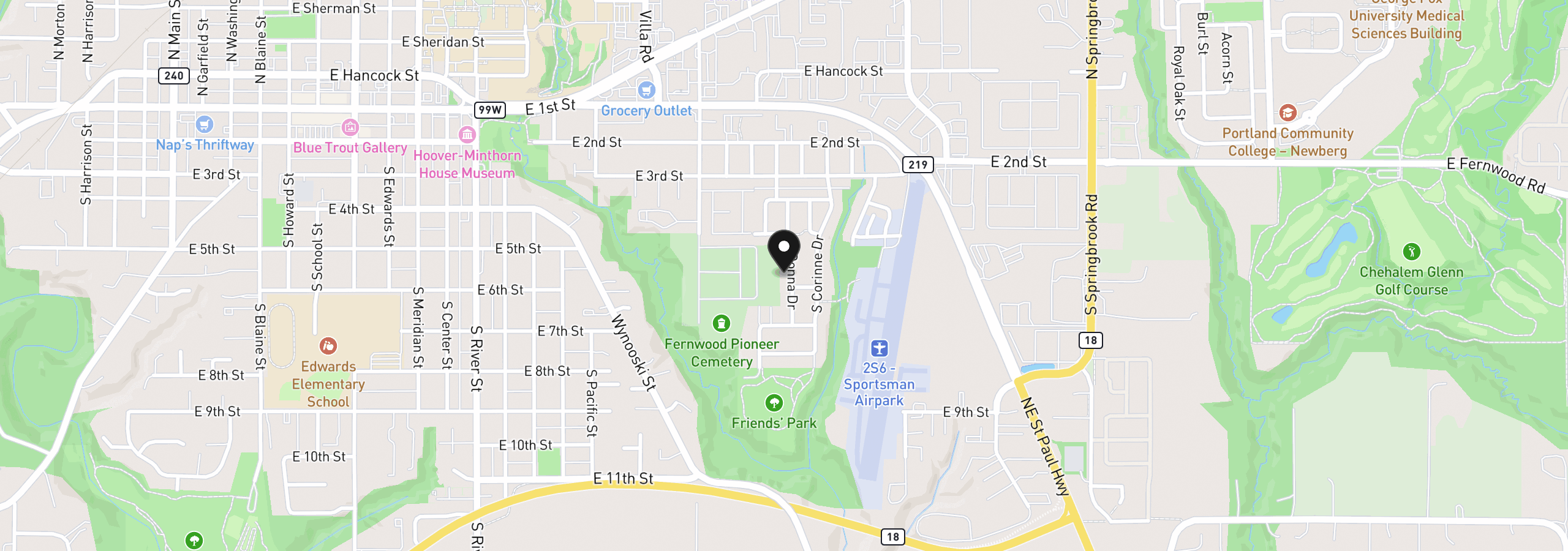Map showing the location of 585 S Donna Dr, Newberg, OR 97132