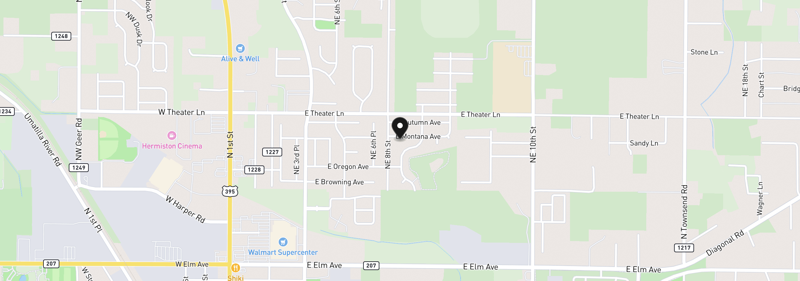 Map showing the location of 824 E Montana, Hermiston, OR 97838
