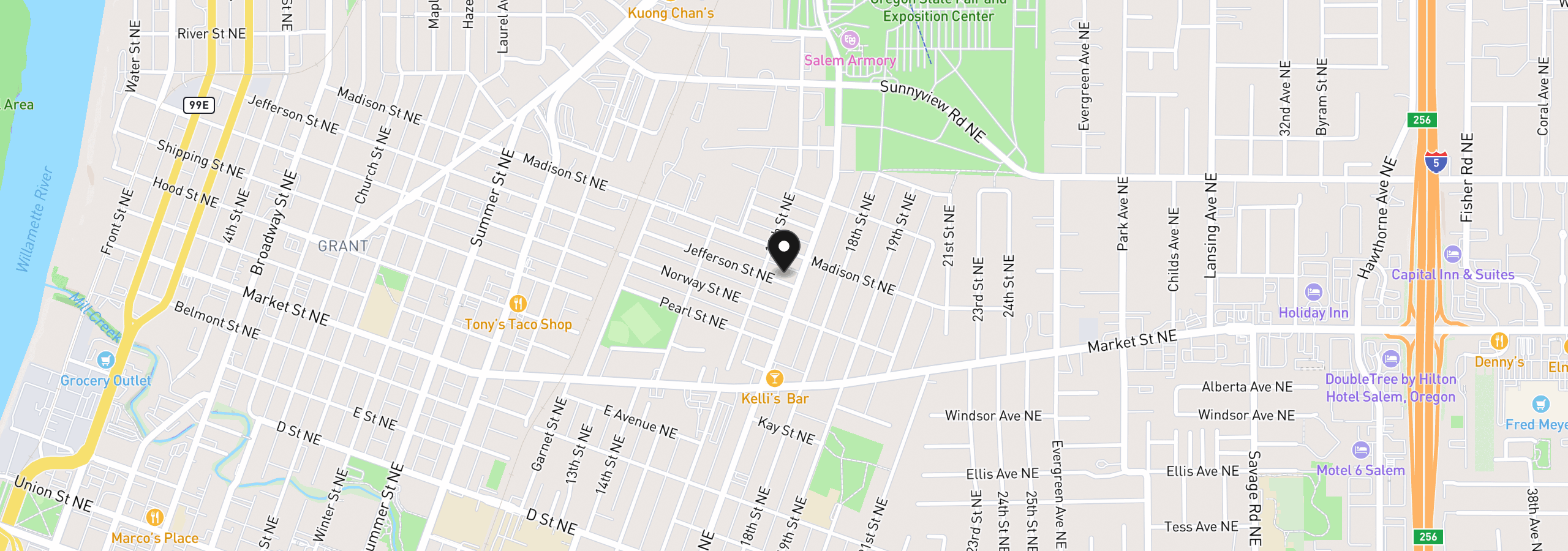 Map showing the location of 1675 Jefferson St NE, Salem, OR 97301