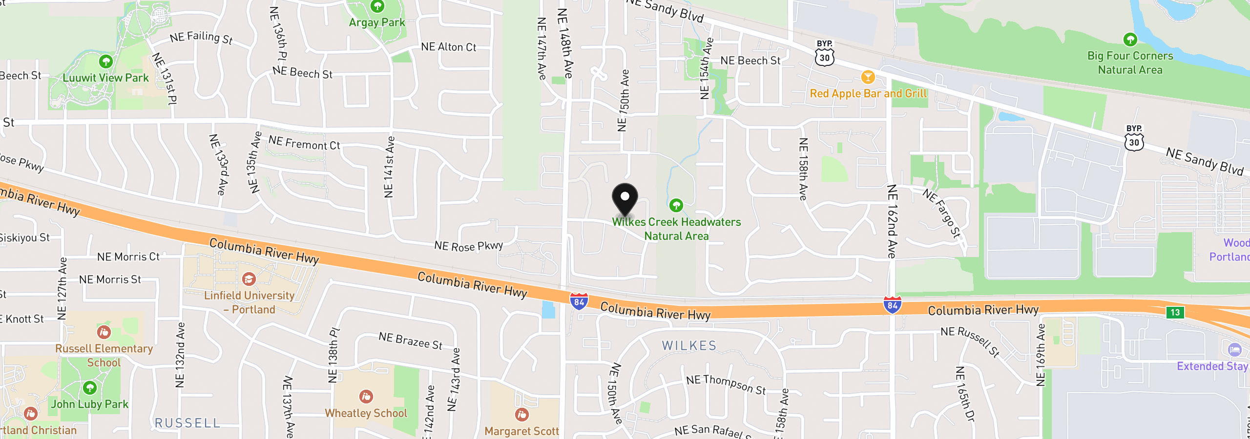 Map showing the location of 15045 NE Rose Pkwy, Portland, OR 97230