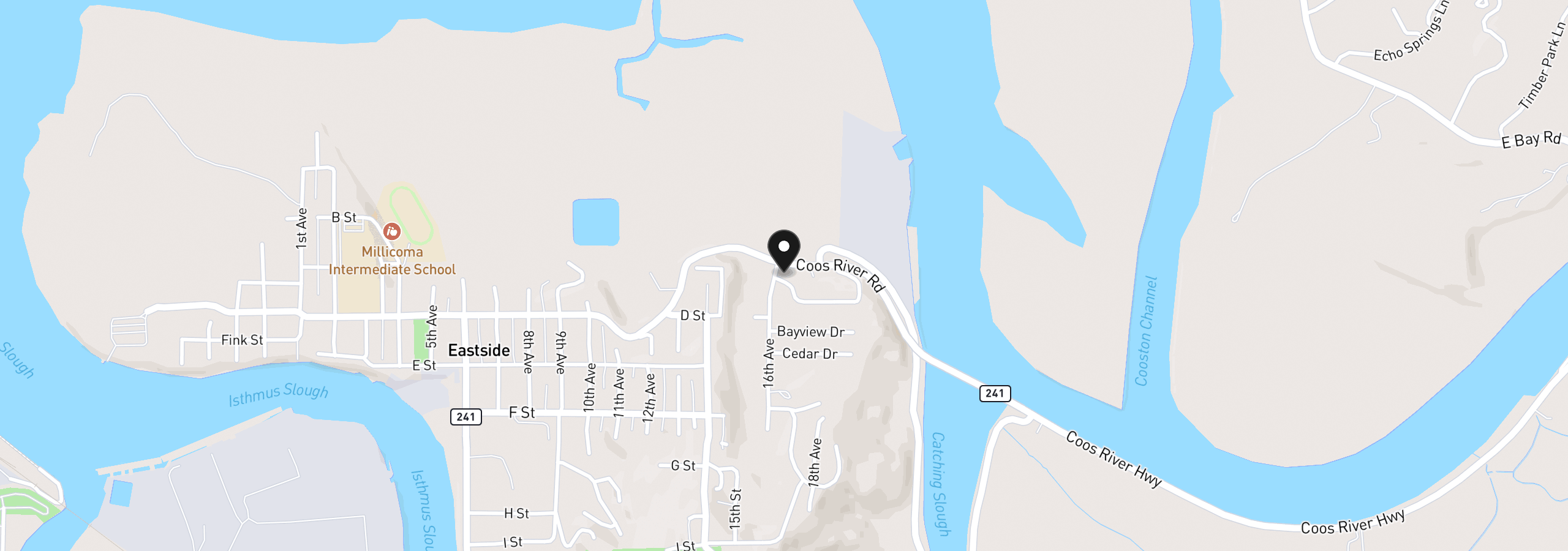 Map showing the location of 1605 Applewood Dr, Coos Bay, OR 97420