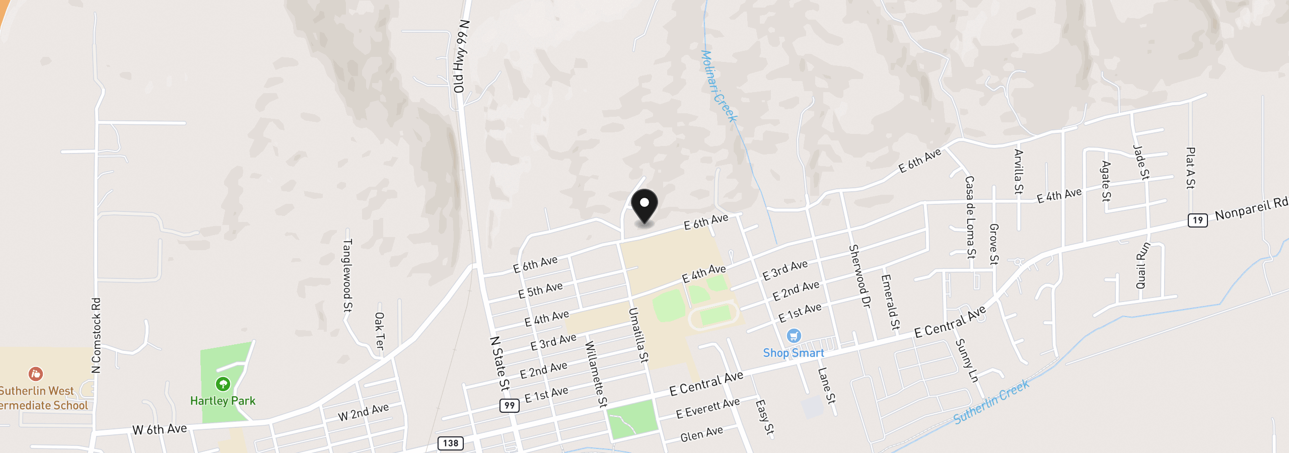Map showing the location of 441 E Sixth Ave, Sutherlin, OR 97479