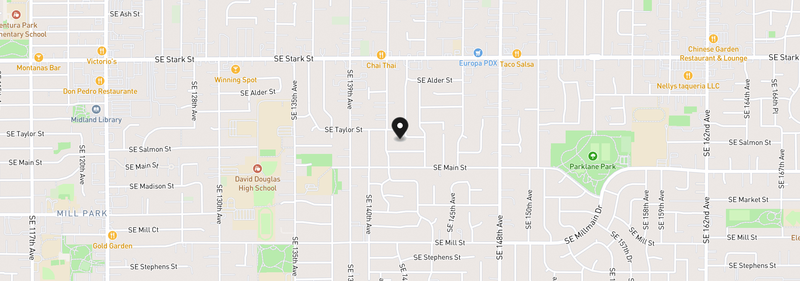 Map showing the location of 1125 SE 142nd Ave, Portland, OR 97233
