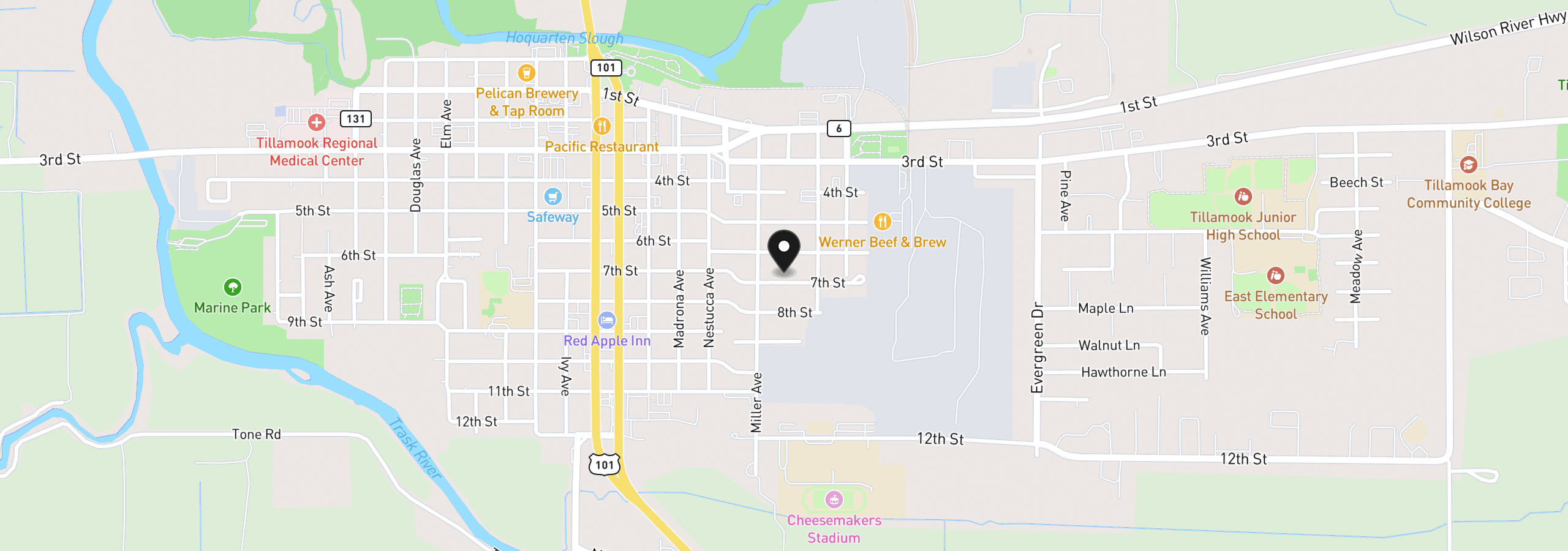 Map showing the location of 2510 7th St, Tillamook, OR 97141