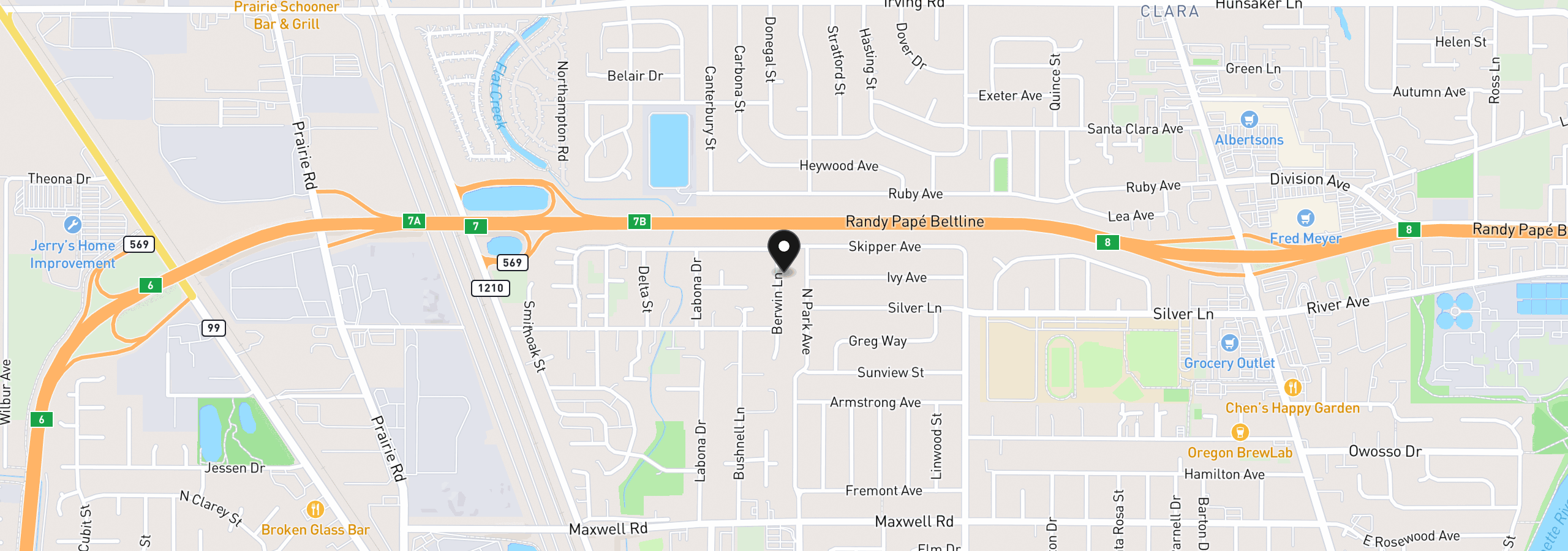 Map showing the location of 2155 Berwin Ln, Eugene, OR 97404