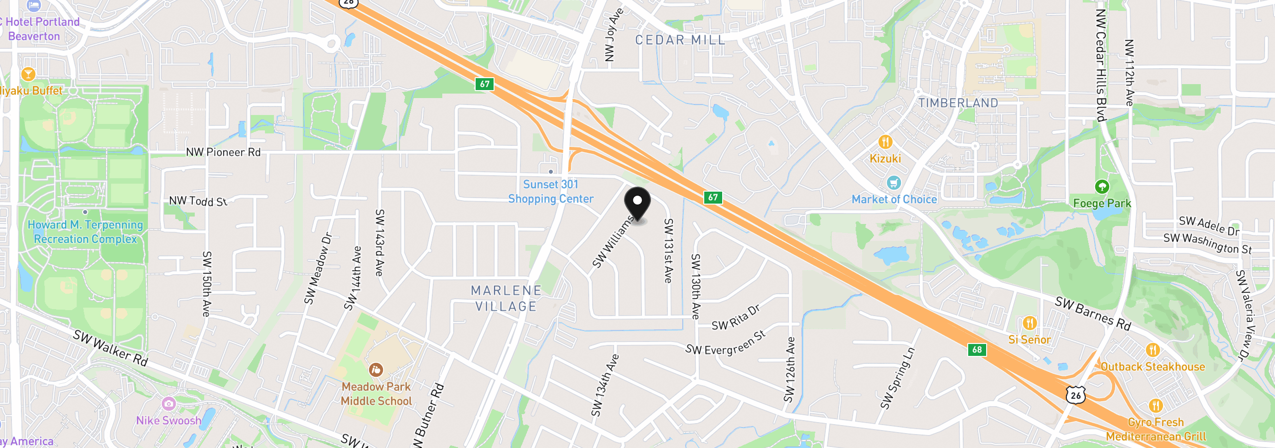 Map showing the location of 70 SW Williams Dr, Beaverton, OR 97005