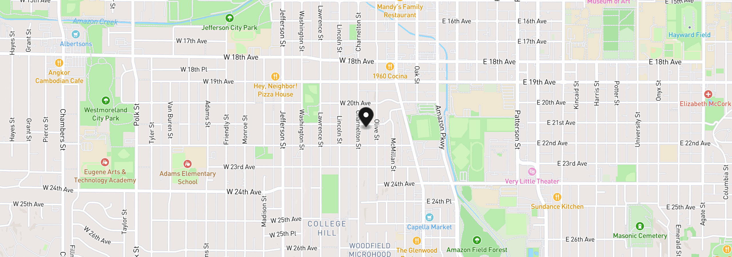 Map showing the location of 158 W 21st Ave, Eugene, OR 97405