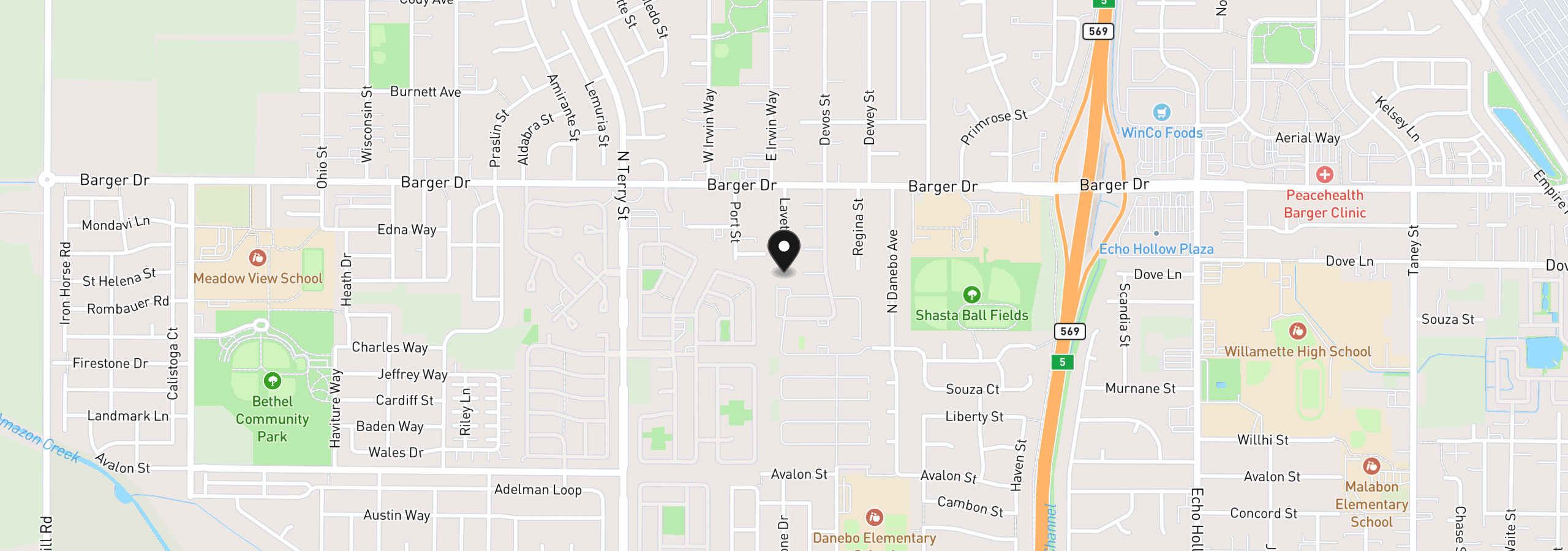 Map showing the location of 1842 Laveta Ln, Eugene, OR 97402