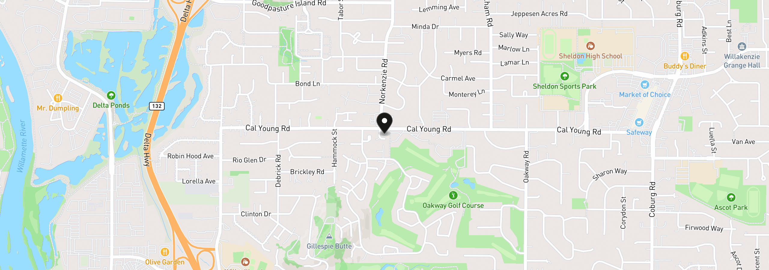 Map showing the location of 1610 Cal Young Rd, Eugene, OR 97401