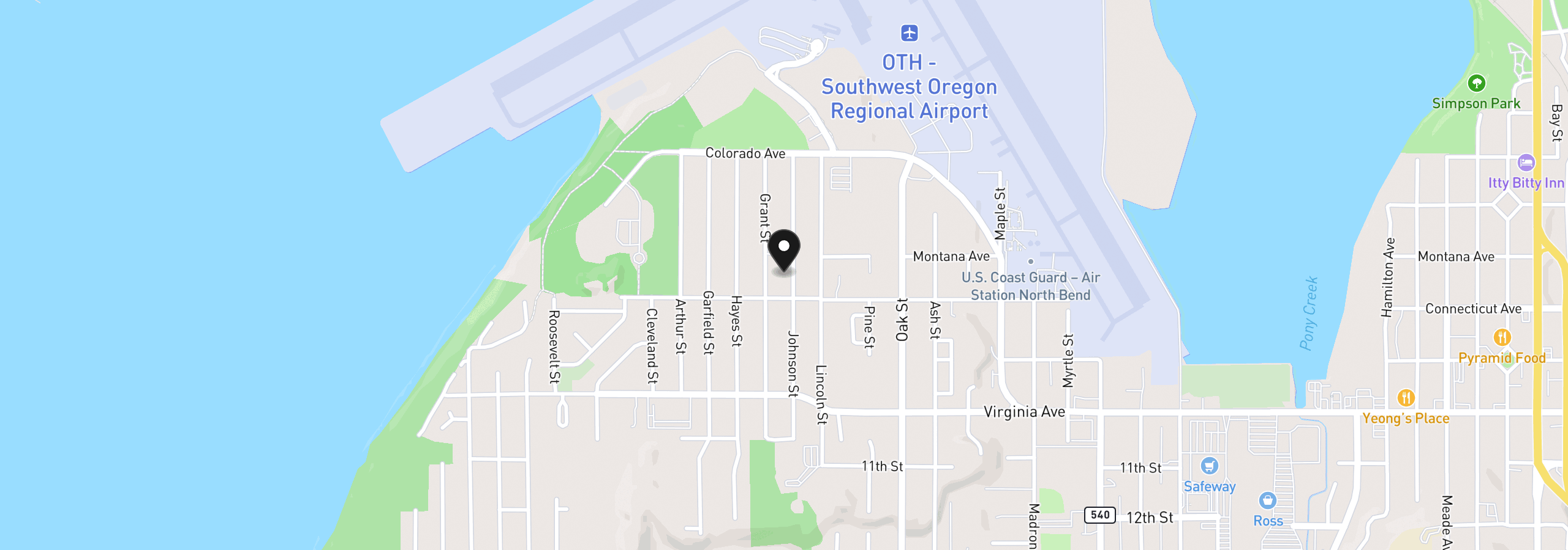 Map showing the location of 1726 Johnson St, North Bend, OR 97459
