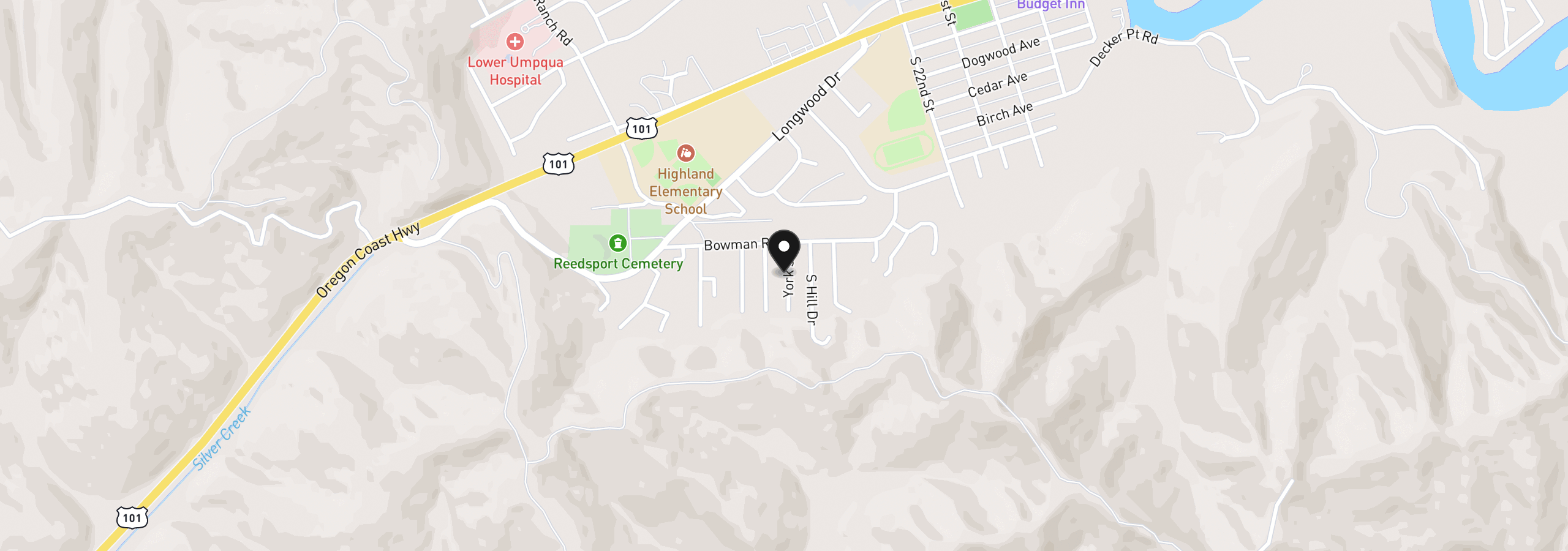 Map showing the location of 875 York St, Reedsport, OR 97467