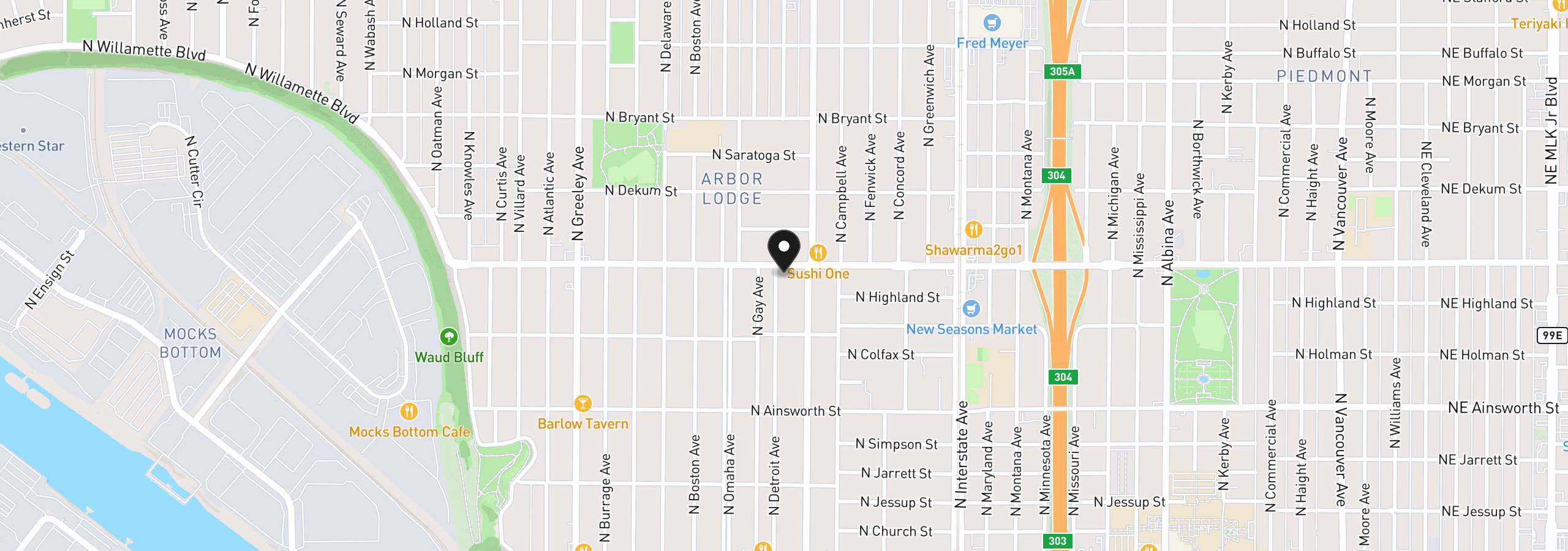 Map showing the location of 2040 N Rosa Parks Way, Portland, OR 97217