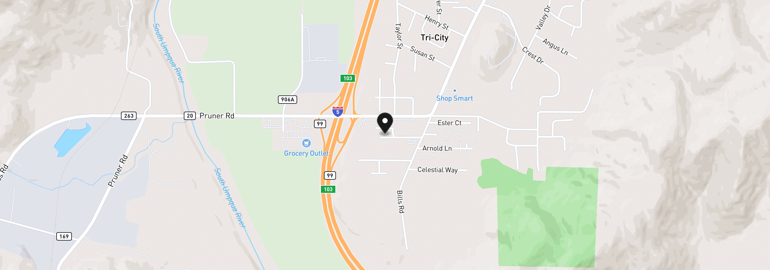 Map showing the location of 166 Peacock Ln, Myrtle Creek, OR 97457